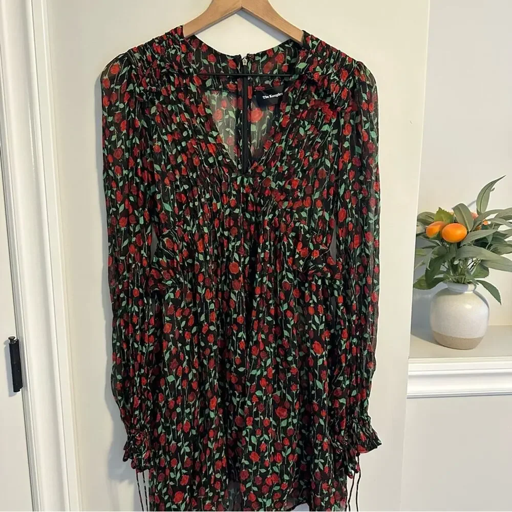 The Kooples Black Red Floral Silk Long Sleeve Mini Dress Small